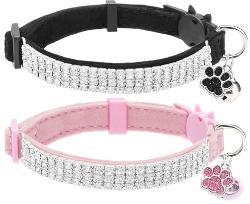 EXPAWLORER Soft Velvet Safe Cat Collars for Girl Cats -2 Pack Rhinestones Bling Diamante Adjustable Collars Breakaway- Chirstmas Cat Clollar Gifts with Bells for Boy Cats Kitty and Small Dogs