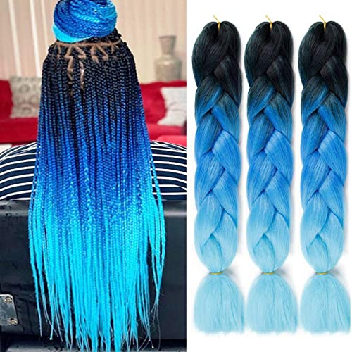ColorfulPanda Meches Pour Tresses Africaine Tressage Box Crochet Braids Rajout Extension Cheveux Fibre Synthetique 3 Pcs (3 Couleurs) - 24 Pouces Noie+Bleu Ombre+Bleu Ciel