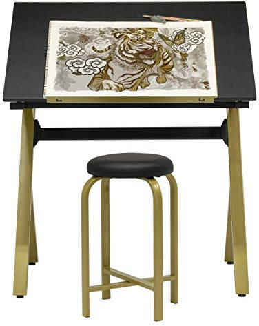 SD STUDIO DESIGNS Stellar - Mesa de Dibujo (91,4 cm de Ancho, con Parte Superior Ajustable y Taburete Acolchado, Color Dorado y Negro