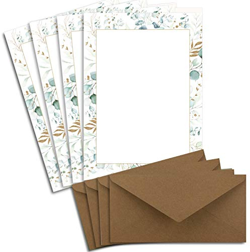 25 Briefbogen-Sets DIN A4 - Naturpapier in Creme - Rahmen mit Eukalyptus-Zweigen - mit Briefumschlägen DIN Lang in Kraftpapier Naturbraun Briefpapier bedruckbar ideal für Hochzeitseinladungen