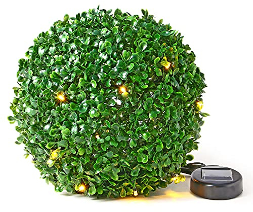 Taylor & Brown 28cm Solar Powered 20 LED Rose Artificial Topiary Ball Hanging Ornament Boxwood Garden Ultra Bright Light Decorative Two Functions (1 Pack, Green)