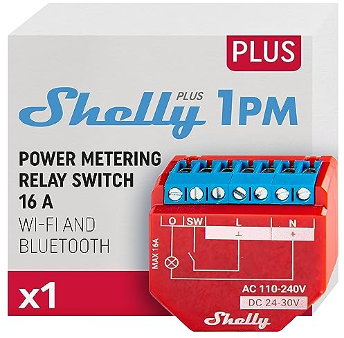 Shelly Plus 1PM, Interruttore a Relè Wi-Fi e Bluetooth con Misuratore di Potenza, Domotica, Alexa e Google Home, iOS e Android, Non è Necessario un Hub, Controllo Remoto delle Luci