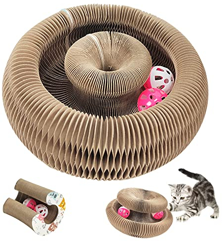 Kratzmatte Katzen Kratzbrett Faltbares, Kratzpappe für Katzen Rund mit 2 Spielzeug Glocke Ball, Magisches Scratchy Katzenspielzeug Pappe Ring, Wellpappenpapier Interaktives Kratzspielzeug für Katzen