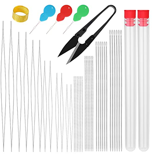 43 Stück Perlennadel Set, 6 Größen 12 Stück Große Auge Perlen Nadel mit 24 Stück Langen Gerade Perlennadeln und Flasche, Schere und Fingerhut für Armband Schmuck Handwerk und Schmuckherstellung