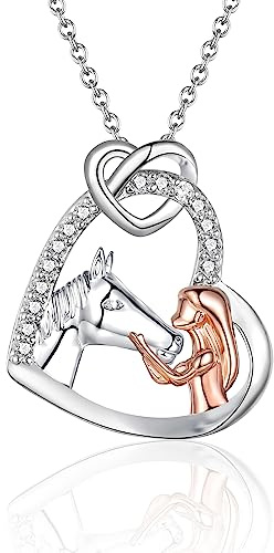 USEEDOVIA Pferde Mädchen Geschenke Pferd Kette Herz Sterling Silber Halskette mit Anhänger Rose Vergoldet Zirkonia Steine Schmuck Kleine Geschenke zum Schulanfang für Mädchen