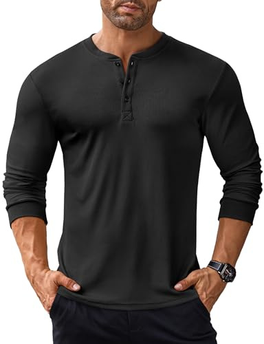 COOFANDY Men's Henley T Shirts Casual Long Sleeve Tee Fashion Slim Fit Ribbed T-Shirts Black