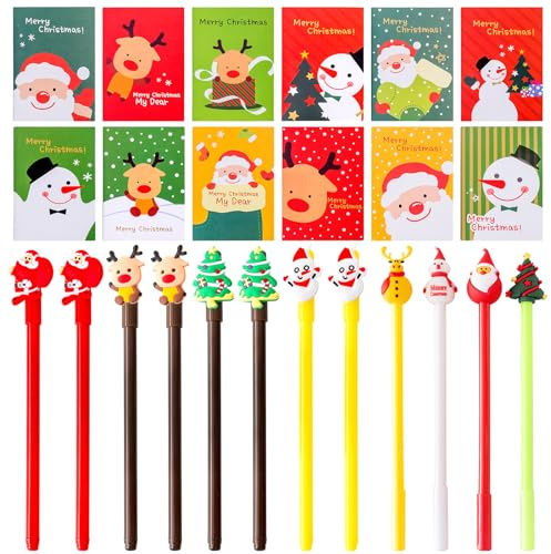 Gadget natalizi per bambini, 24 pezzi Mini Natalizio Quaderno, penne natalizie, cancelleria natale, Mini Natalizio Quaderno con Motivi di Babbo Natale e Pupazzo di Neve Regali Natale Bambini