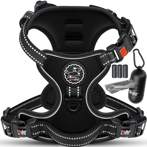 LOVPET® Hundegeschirr ohne Zug & Würgen für kleine Hunde & Welpen atmungsaktiv & weich Brustgeschirr reflektierend | No-Pull-Geschirr inkl.Beutelrollen | Verstellbares Geschirr mit Griff Schwarz - M