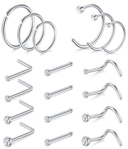 AVYRING 20G Edelstahl Nasenstecker Schrauben mit Zirkonia, Nasenstecker Ring Hoop Set für Frauen und Männer, Packung mit 18 Stück
