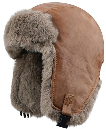 Clakllie Wasserdicht Kunstleder Fliegermütze Trappermütze Vintage Wintermütze mit Ohrenklappen Warme Fellmütze Unisex Bomber Hut Russenmütze,DPL1-Camel