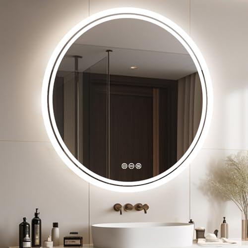 LUVODI Runder Badspiegel mit Beleuchtung: LED Spiegel Rund 60cm mit Hintergrundbeleuchtung 3 Lichtfarben dimmbar Touch-Schalter Beschlagfrei Energiesparend Wandspiegel für Bad Gäste WC