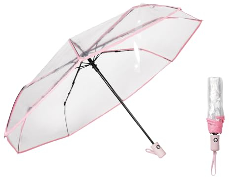 Pumwoy Ombrello Trasparente Pieghevole, Trasparente automatico Tre pieghe pieghevole Ombrello, Ombrello pieghevole ombrello da viaggio per uso esterno, accessori fotografici e matrimoni (Rosa)
