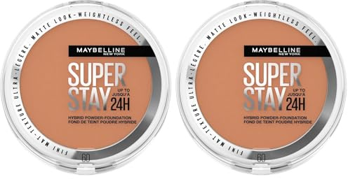 Maybelline New York 2-in-1 Puder Make-Up, Wasserfest und mattierend mit hoher Deckkraft, Super Stay Hybrid Powder Foundation, Nr. 60, 1 Stück (Packung mit 2)