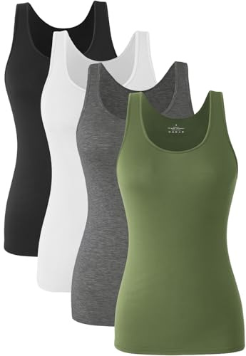 Knuffnee Damen Stretch Unterhemd Basic Tank Tops Workout Unterhemden Tops 4er Pack Schwarz/Weiß/Dunkelgrau/Armeegrün M