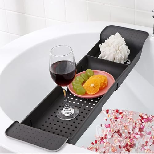 SHZMJL Bathtub Tray, Expandable Bath Tray, Adjustable Bathroom Organizers and Storage, Bathtub Caddy Tray for tub for Candle Towel, Book, Wine, Shower, Bathroom Accessories - Black …