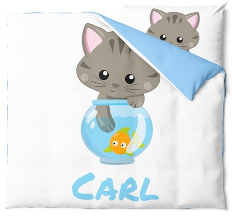 Pictogogo Personalisierte Kinderbettwäsche Set mit Katzen - Baby Bettwäsche Mit Namen - Wählbare Unterfarbe - Babybett Komplett Set - 1 Bettbezug & 1 Kissenbezug (80 x 80 cm, Grau)