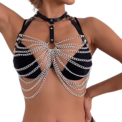 Leder Truhe Kette körperkette Damen Harness Brust Ketten rave outfit damen Punk Leder Truhe Kette Geschichtet BH Ketten Mehrschichtig Bondage Sexy Harness Nachtclub Halsband Körperzubehör für Frauen