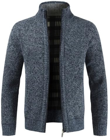 Shuanghao Cárdigan de Punto para Hombre，con Cremallera y Bolsillo,Manga Larga,Cálido Suéter Grueso，Casual,Moda,Suave,con Forro Polar,Hombre Chaqueta Otoño Invierno Azul-Gris L