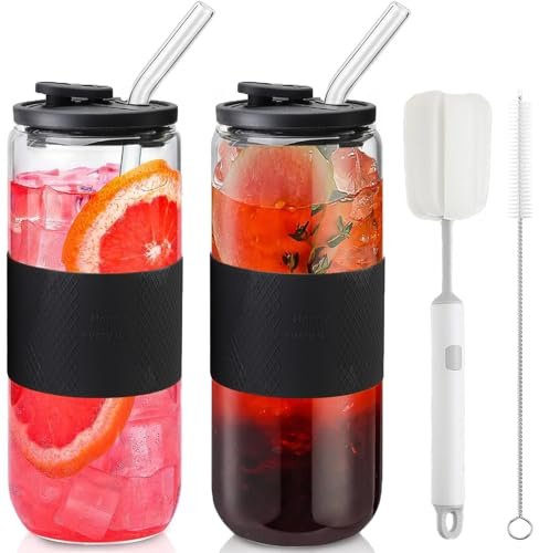 CJWLKJ 24oz Can Shaped Glass Cups Tumbler with Silicone Lids and Glass Straws, 2PCS Drinking Glasses with Lids and Straws, and Silicone Sleeves, Beer Glasses, Iced Coffee Cups, Soda, Gift - Black
