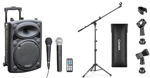 Ibiza - PORT10VHF-BT - Enceinte Portable 10/500W Max avec 2 micros (Filaire et VHF) & CAHAYA Pied de Microphone au Sol Mobile 2 en 1 Trépied en Métal avec Deux Clips Différents Réglable
