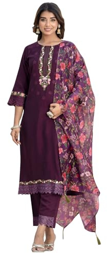 VredeVogel Kurta Set con Dupatta | Set kurta ricamato in seta romana in viscosa per le donne | Set kurti etnico casual da donna |Kurta Pant Festive Suit, viola, L