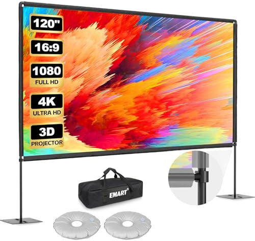 Écran de Projection avec Support 120 Pouces, EMART Toile de Projection Portable 16:9 HD 4K Adapté Intérieur et Extérieur avec Sac Transport et Base Robuste, pour Le Jardin, Fêtes et Home Cinéma