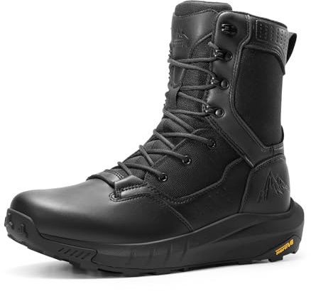 NORTIV 8 Botas de trabajo tácticas militares transpirables para hombre, con cremallera lateral, suela acolchada, de piel, ligeras, para motocicleta, soporte de arco, 20,3 cm, color DesertStorm, Negro