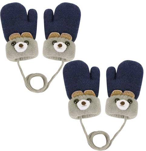 TUONYIS 2 Paires Moufles Bébé Gants Hiver Mitaines Tricoté Mignon Cartoon Gloves avec Corde Chaud Mitaines avec Doublure Polaire pour Enfants Garçons. (Bleu marine)