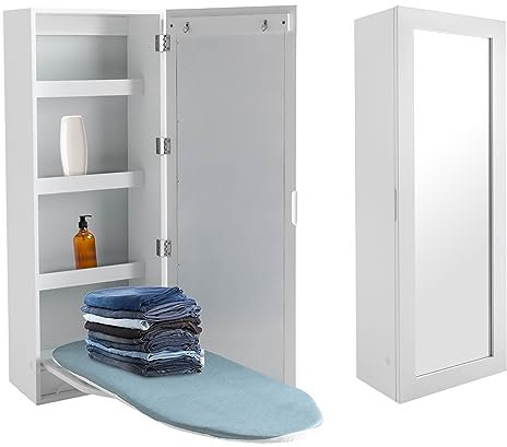Table à repasser murale, armoire de planche à repasser, armoire murale encastrée avec étagères de rangement, planche à repasser intégrée et pied de support pliable, miroirs muraux