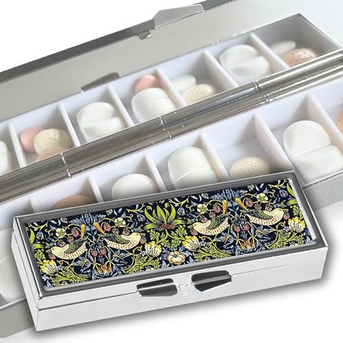 Kleine Pillendose für 7 Tage FridolinEdition - Metall - Maße: ca. 10,1 × 3,5 × 1,7cm, innen mit Spiegel - Motiv: William Morris Erdbeerdieb