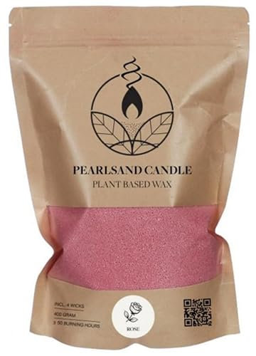 Happenings Kerzensand, Kerzensand mit docht, Duftkerzenwachs, Kerzenherstellungsset, 400 g Wachsperlen + 4 Baumwolldochte (Rosenduft)