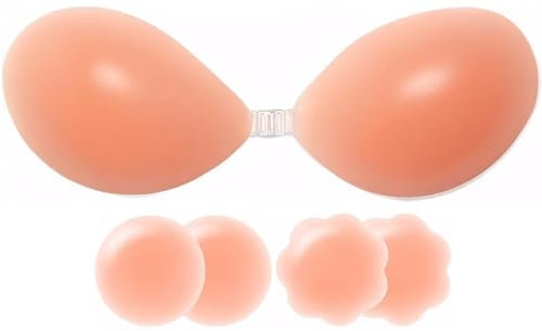ANGELEMM Invisible Sticky Bra Push Up - Stick On Bras for Women, Reusable Women's Adhesive Bras, Strapless Backless Silicone Bra with 4 Nipple Covers for Party Dress (A Cup) Beige