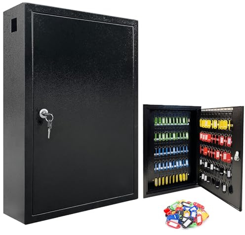 LUMBER JACK Key Storage Cabinet with Lock, 100 Keys Hooks, Wall Mountable Mounted Safe, Black Metal
