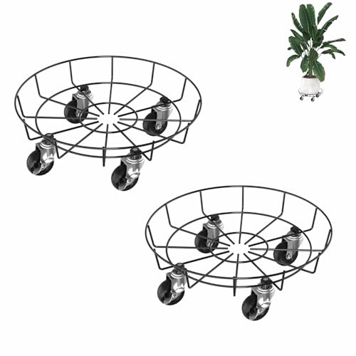 Aufun 2 Pezzi Carrello Portavasi Rotondo in Metallo, Ø33cm Sottovaso per Fiori con Ruote Bloccabili, Carrello per Piante e Fiori Ruote Trasportabili per Interno Esterno Casa e Giardino, Tipo C