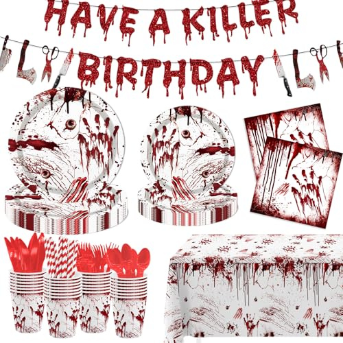 MEHOFOND Killer Birthday Decoration, 194PCS Halloween Scream Party Tableware Decorations Include Have a Killer Banner Bloody Hand Print Plates Napkins Tablecloth for Horror Themed Birthday Supplies