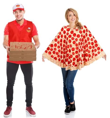 JcHrmers 4 Pcs Halloween Couples Costume for Adults Pizza Costume for Couple Funny Food Cape Pizza Dress Hat Vest for Halloween Dress Up