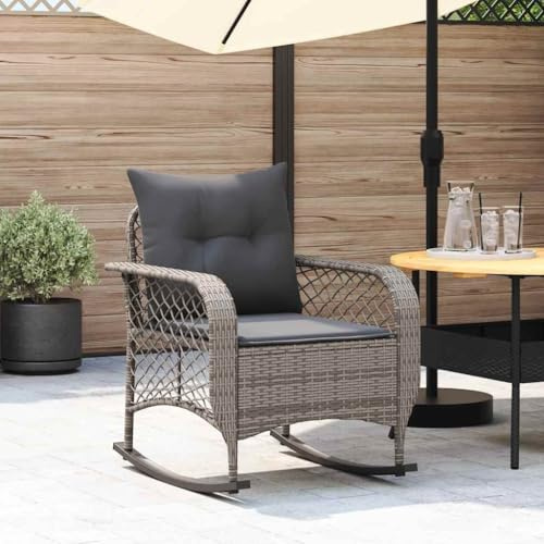 QZZCED Garten-Schaukelstuhl mit Kissen Grau Poly Rattan Balkonstühle Terrassenstühle für Innenhöfe