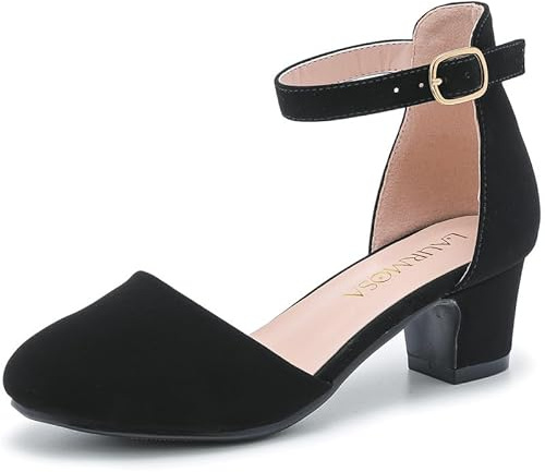 LAURMOSA Girls High Heels Closed Toe Chunky Heel Ankle Strap Flower Girl Shoes for Wedding Party Church Dress Up