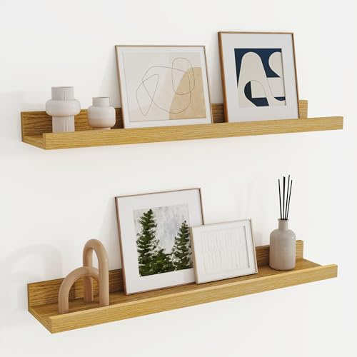 Feihorrm Wandregal Holz 60 cm, Eiche Regal Wand Bilderleiste für Bilderrahmen und Bücher 2er Set, Schweberegal aus MDF Holz, Regalbrett Wandboard für Küche, Wohnzimmer, Schlafzimmer & Arbeitszimmer
