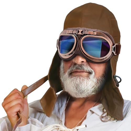 Krause & Sohn Aviator Set Retro Vintage Pilotenmütze mit Fliegerbrille für Erwachsene Braun Kostüm-Zubehör Pilot Fasching Karneval