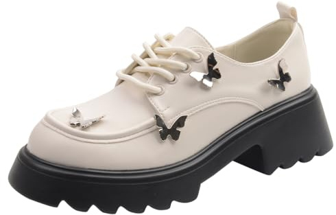 Eestfy Oxford Mocasines con Plataforma Mujer con Detalle de Tira Cruzada Cuero de Microfibra Mate Punta Redonda Suela de Tacos Gruesa Zapatos de Moda,Apricot Thin,36 EU