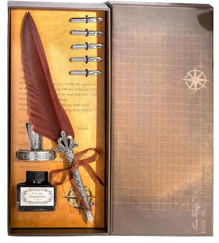 uikios Antiker Füllfederhalter, Retro-Gravur, Feder-Geschenk-Set mit 5 austauschbaren Spitzen und Tintenfass für Anfänger, kunstvolles Federschreibgerät