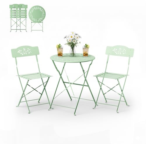 Bonnlo Set de Bistrot Pliant Ensemble en 3 pièces, Table et Chaise de Jardin Exterieur économes d’Espace pour Balcon-Porche-Jardin (Vert Clair)