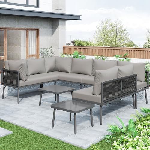 VIEKOS Eisen Garten Loungesessel Set, 8 Personen, U-förmiges Gartenmöbel Set, Balkon möbel, Wetterfestes Outdoor Ecksofa, terassenmöbel außen, mit 2 Tischen und 4 Zweisitzer-Sofas, Kissen inklusive