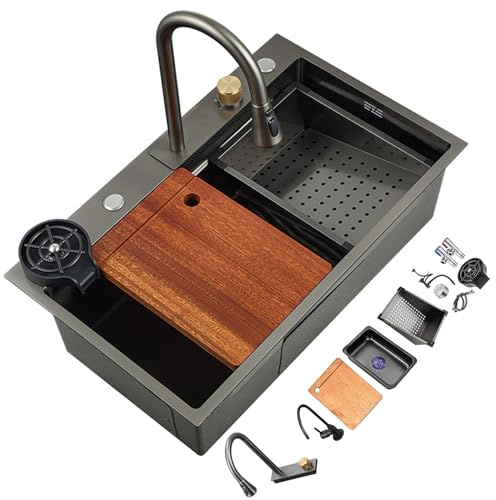 Évier de cuisine avec robinet cascade arc-en-ciel et barre lave-tasses, kit d'évier de style ferme en acier inoxydable, facile à nettoyer (dimensions : 75 x 46 cm)