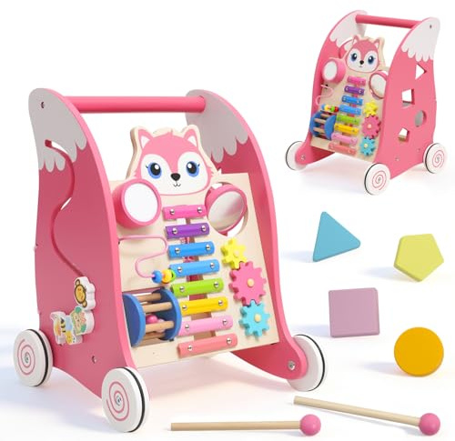 EULEUY Holz Spielzeug Baby mit Multifunktional Montessori Spielzeug, Lauflernwagen mit Xylophon,Musikinstrumenten & Formenpassspiel.Multifunktionales Aktivitätszentrum für Baby ab 6 Monate Rosa