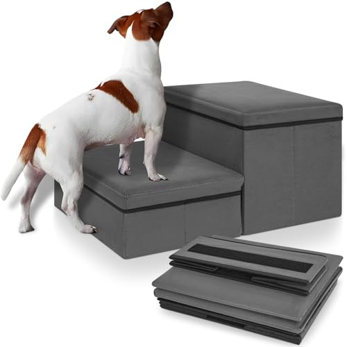 OUUTMEE Escalier pour Chien et Chat, 2 Marches, Gris | Rangement Intégré, Pliable, Antidérapante, Pour Chiots, Chats Petits/Moyens et Animaux Agés, Pour Lit et Sofa
