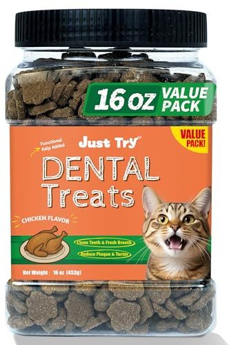 Just Try Cat Dental Treats, Plaque & Tartar Remover, Fresh Breath 453g | Added Advanced Kelp to Supports Plaque off & Clean Teeth, Chicken Flavor Chews