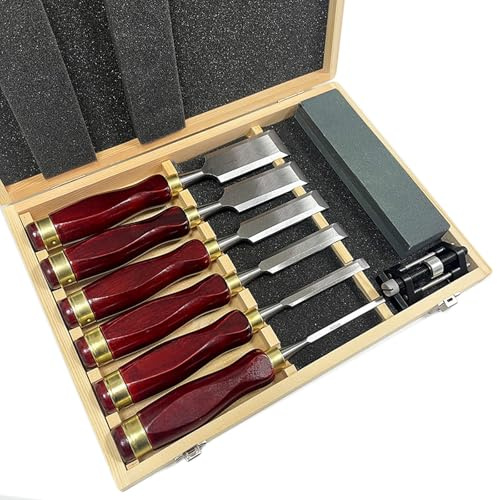 Wood Carving Kit, 6-Pieces Woodworking Chisel Set with Wooden Box, Honing Guide, Sharpening Stone & Steel Blades - for Carpenter Craftsman