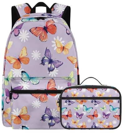 Beauty Collector Butterfly Daisy Lilac School Backpack for Girls Boys Book Bag with Lunch Box Set